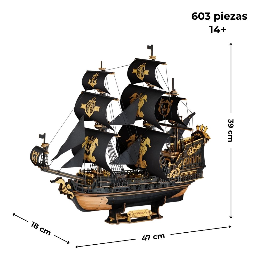 Dimensiones 47×18×39 cm; 603 piezas; edad recomendada 14+ — velero 3 mástiles escala 1:100, montaje ±10 horas, maqueta de madera.