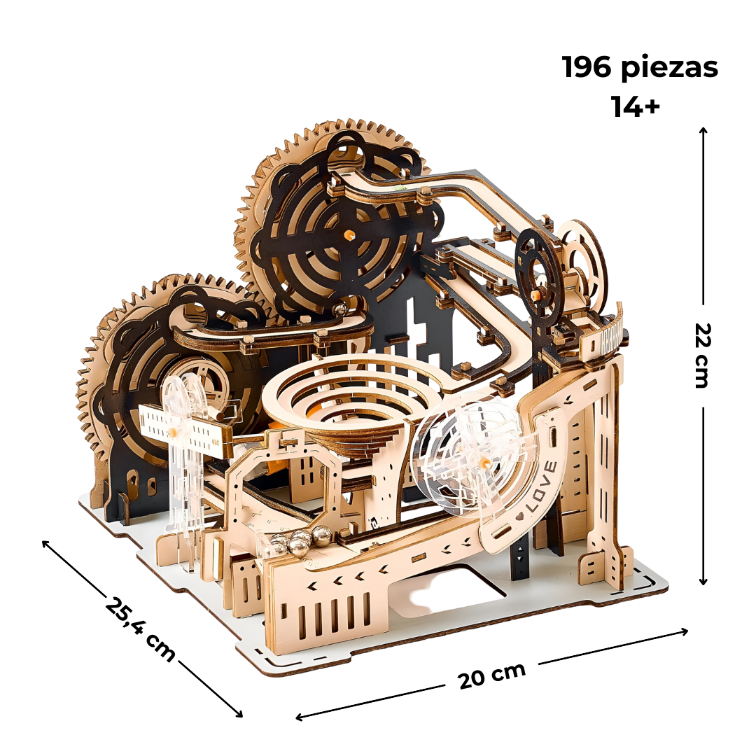 Dimensiones 25×22×20 cm, 196 piezas, dificultad 4/5; piezas plásticas transparentes o naranja según lote.