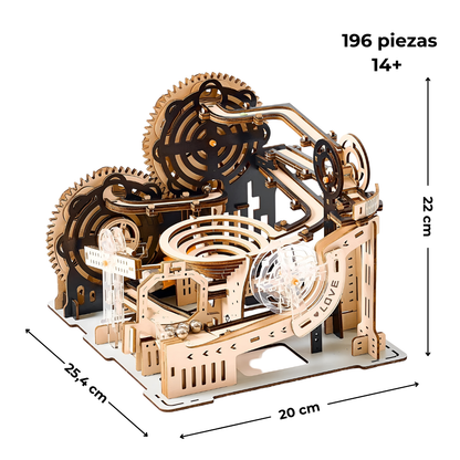 Dimensiones 25×22×20 cm, 196 piezas, dificultad 4/5; piezas plásticas transparentes o naranja según lote.