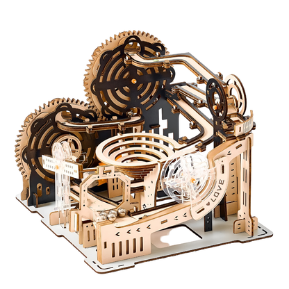 Puzzle 3D de madera con circuito de canicas montado, diseño mecánico decorativo, 25x22x20 cm.