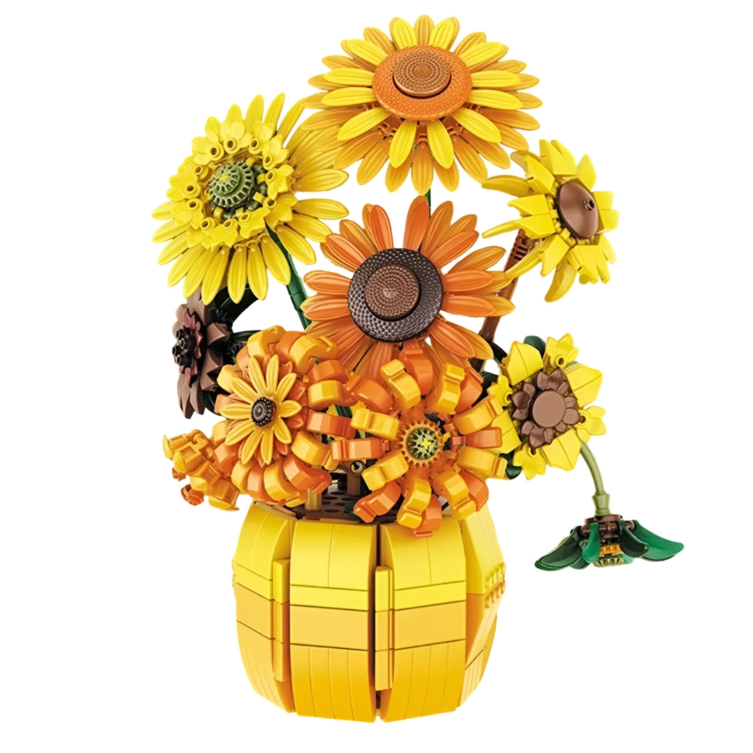 Ramo de girasoles construido con 1009 piezas de bloques (compatible con bloques estándar), montaje detallado y decorativo, edad recomendada 14+