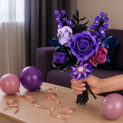 Mano sosteniendo el ramo montado en un ambiente festivo; sugerencia de regalo original y decorativo para el hogar.