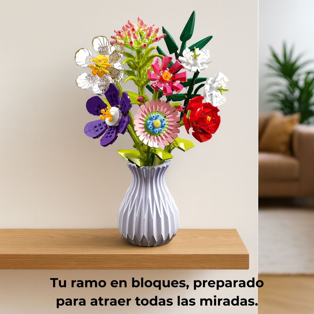 Ramo de flores de bloques construcción (9 tallos) con jarrón — compatible con LEGO®