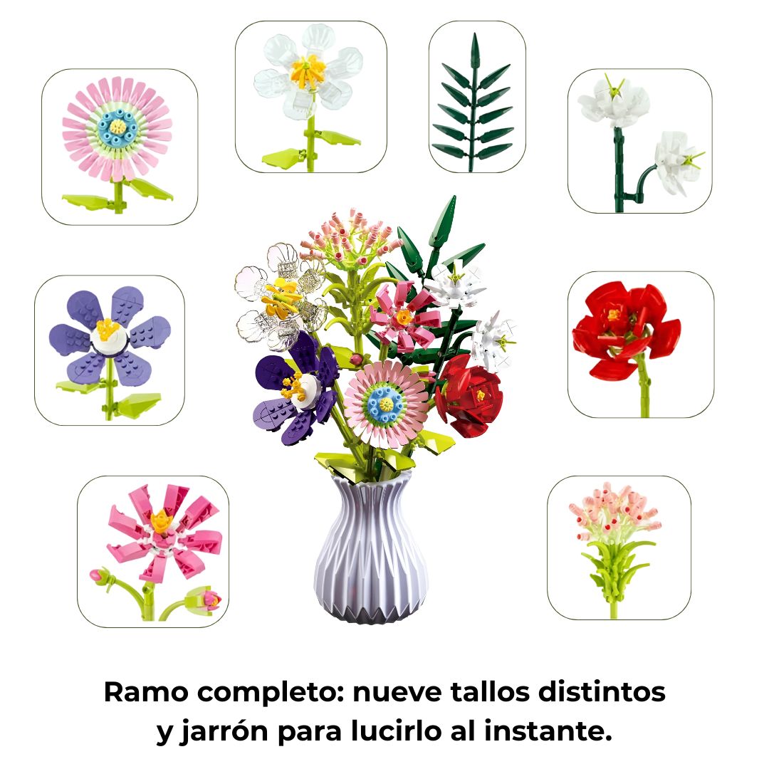 Ramo de flores de bloques construcción (9 tallos) con jarrón — compatible con LEGO®