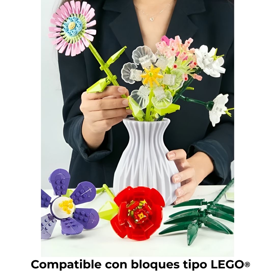 Ramo de flores de bloques construcción (9 tallos) con jarrón — compatible con LEGO®