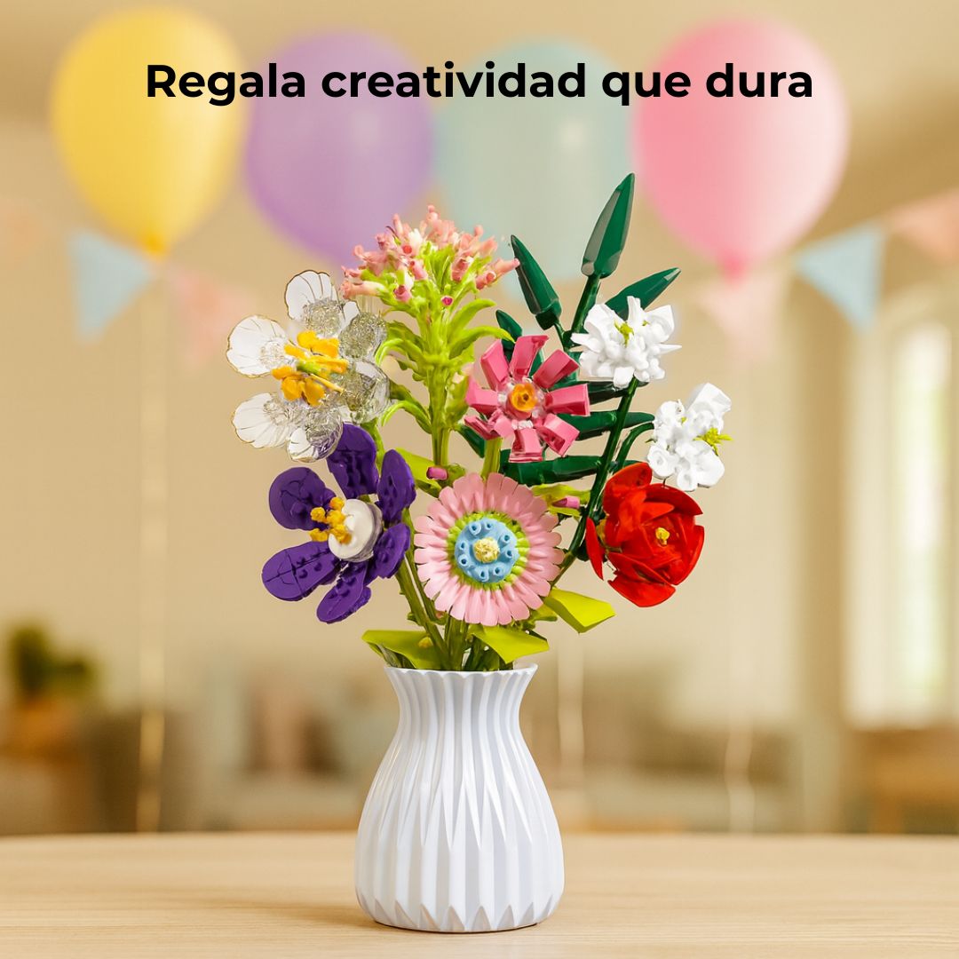 Ramo de flores de bloques construcción (9 tallos) con jarrón — compatible con LEGO®