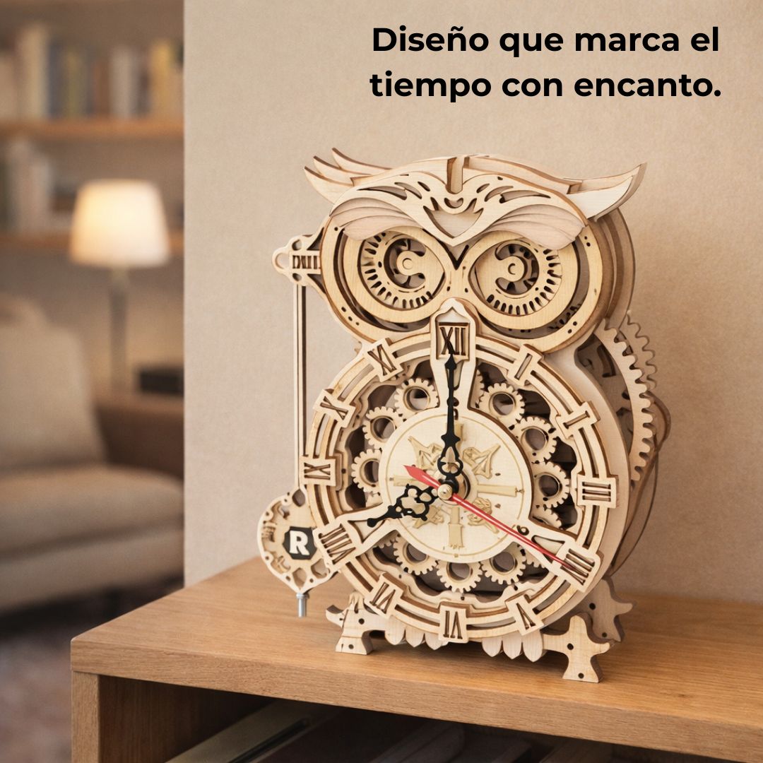 Reloj búho de madera montado en estantería, pieza decorativa y funcional con péndulo y temporizador 30 min, estilo artesanal