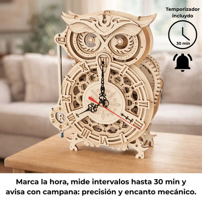 Reloj búho en la sala: da la hora, temporizador hasta 30 minutos y campana; reloj madera funcional para decorar el hogar