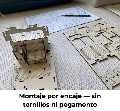Montaje de la furgoneta vintage 3D de madera sobre mesa, ensamblaje limpio sin tornillos ni pegamento.