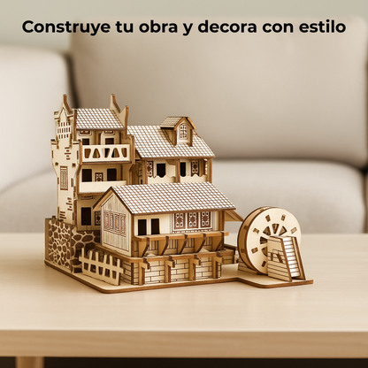 Rompecabezas 3D de madera montado como pieza decorativa sobre mesa de salón, diseño artesanal que aporta calidez y estilo al espacio.