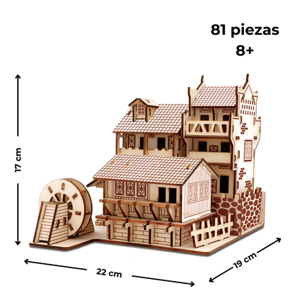 Rompecabezas 3D de madera «Ciudad antigua» sobre fondo blanco — medidas 22 × 18 × 17 cm, 81 piezas, recomendado a partir de 8 años.
