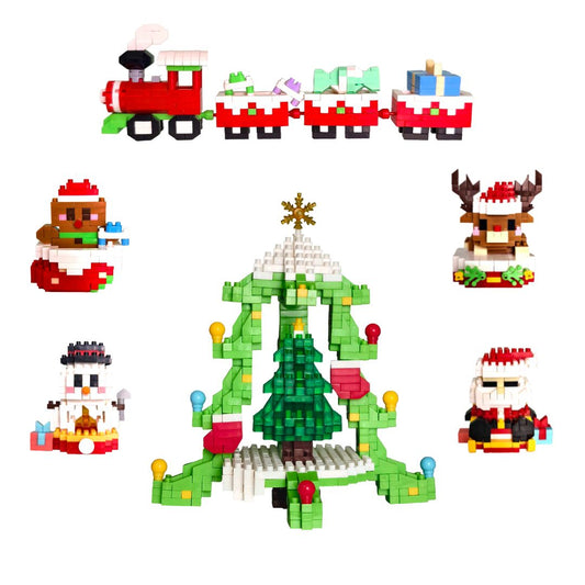Set navideño 6 modelos 1627 piezas minibloques: árbol, tren, Papá Noel, reno, muñeco y hombre de jengibre