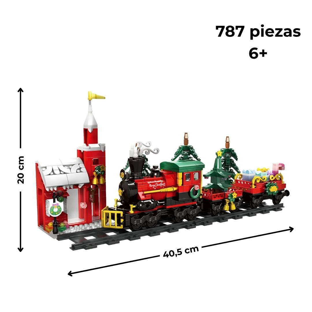Tren navideño sobre fondo blanco con medidas 40,5×120 cm, 787 piezas y edad recomendada 6 años en adelante.