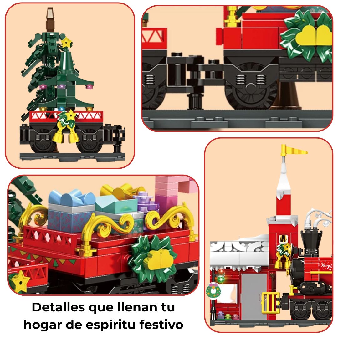 Primeros planos de detalles del tren: faroles, campanas y adornos que realzan su espíritu navideño.