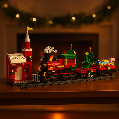 Tren navideño en mesa de salón con guirnaldas encendidas y chimenea al fondo, escena acogedora de Navidad.