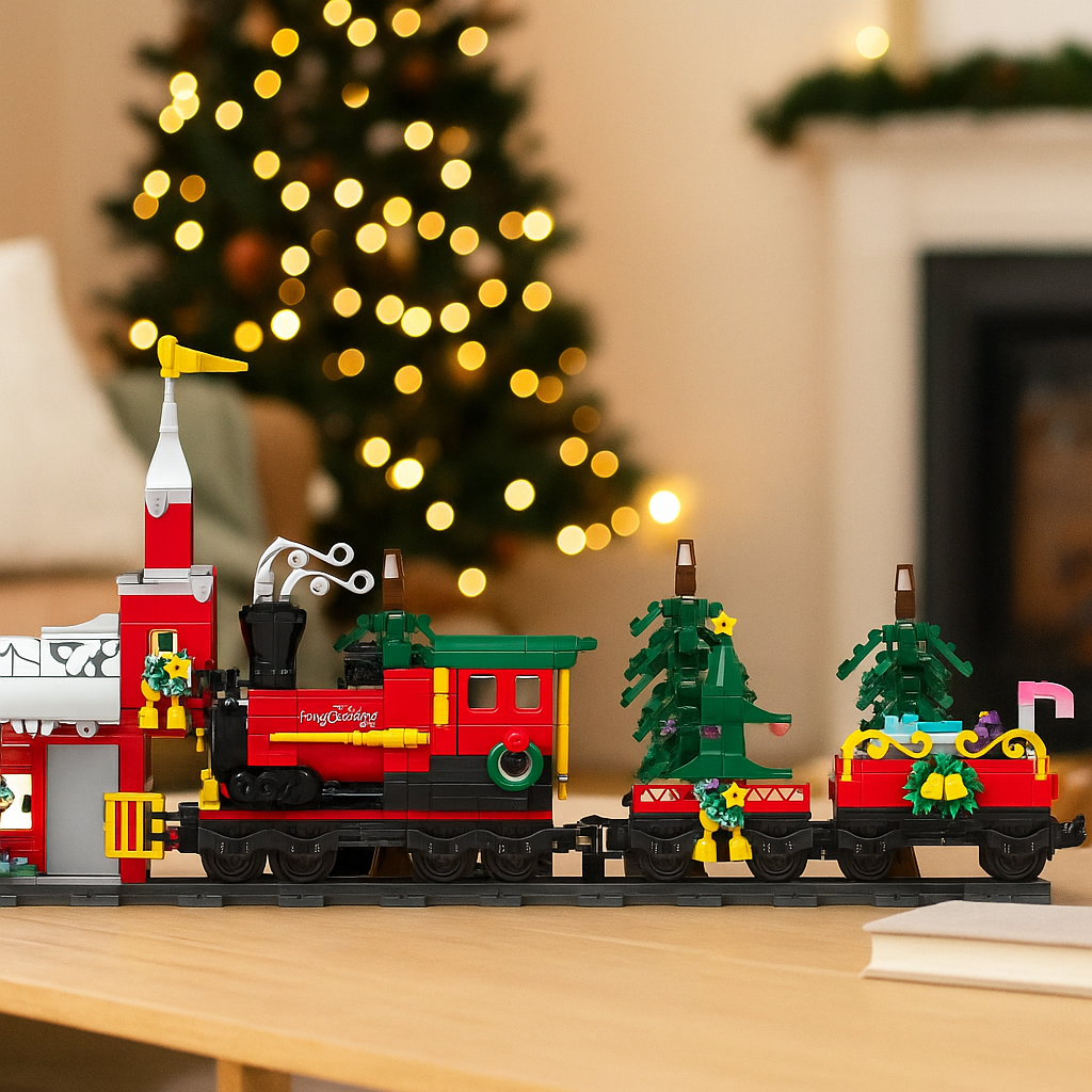 Tren navideño colocado sobre mesa en salón decorado; aporta ambiente festivo y calidez a la estancia.