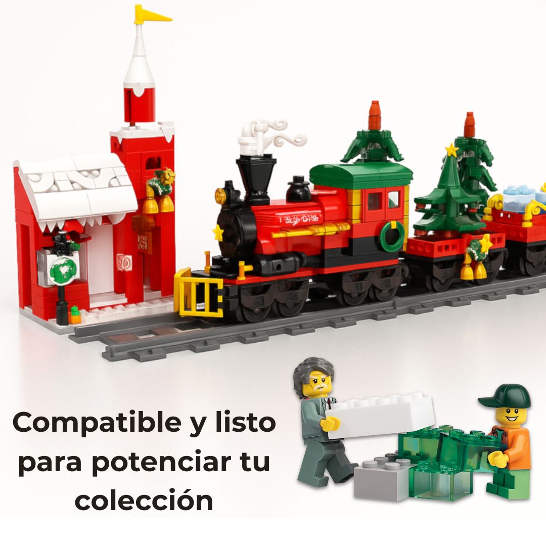 Tren navideño con minifiguras sujetando piezas; diseño compatible con ladrillos tipo Lego para ampliar colecciones.