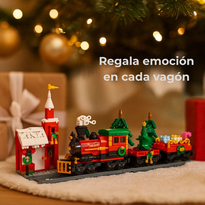 Tren navideño junto al árbol, idea de regalo decorativo para coleccionistas y amantes de construcciones.