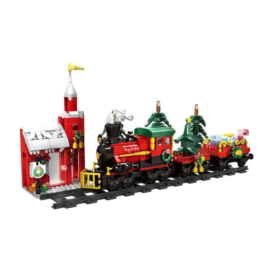Tren navideño montado 787 piezas sobre fondo blanco, compatible con ladrillos tipo LEGO, 40.5x19.8 cm