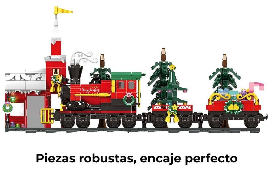 Tren navideño montado 787 piezas sobre fondo blanco, compatible con ladrillos tipo LEGO, 40.5x20 cm