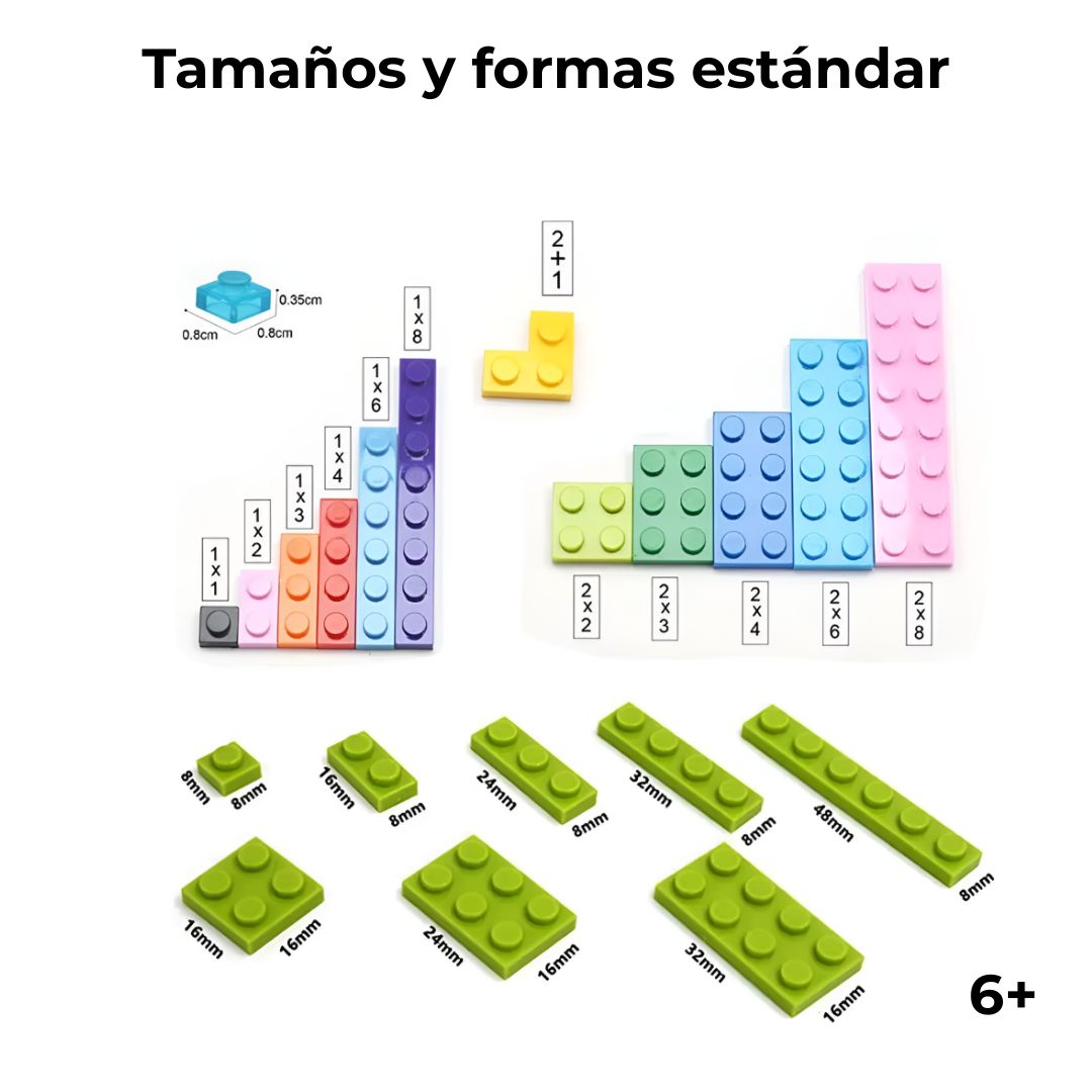 Vista de las formas y tamaños variados del set de 100 bloques de construcción, con medidas en milímetros