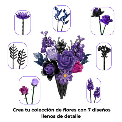 Ramo en primer plano con las distintas flores y hojas identificadas; muestra la diversidad de los 12 diseños incluidos en el set.