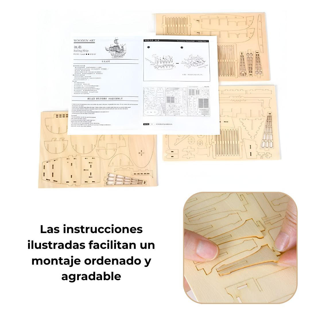 Puzzle 3D de madera | Velero clásico DIY — maqueta náutica, 56 piezas