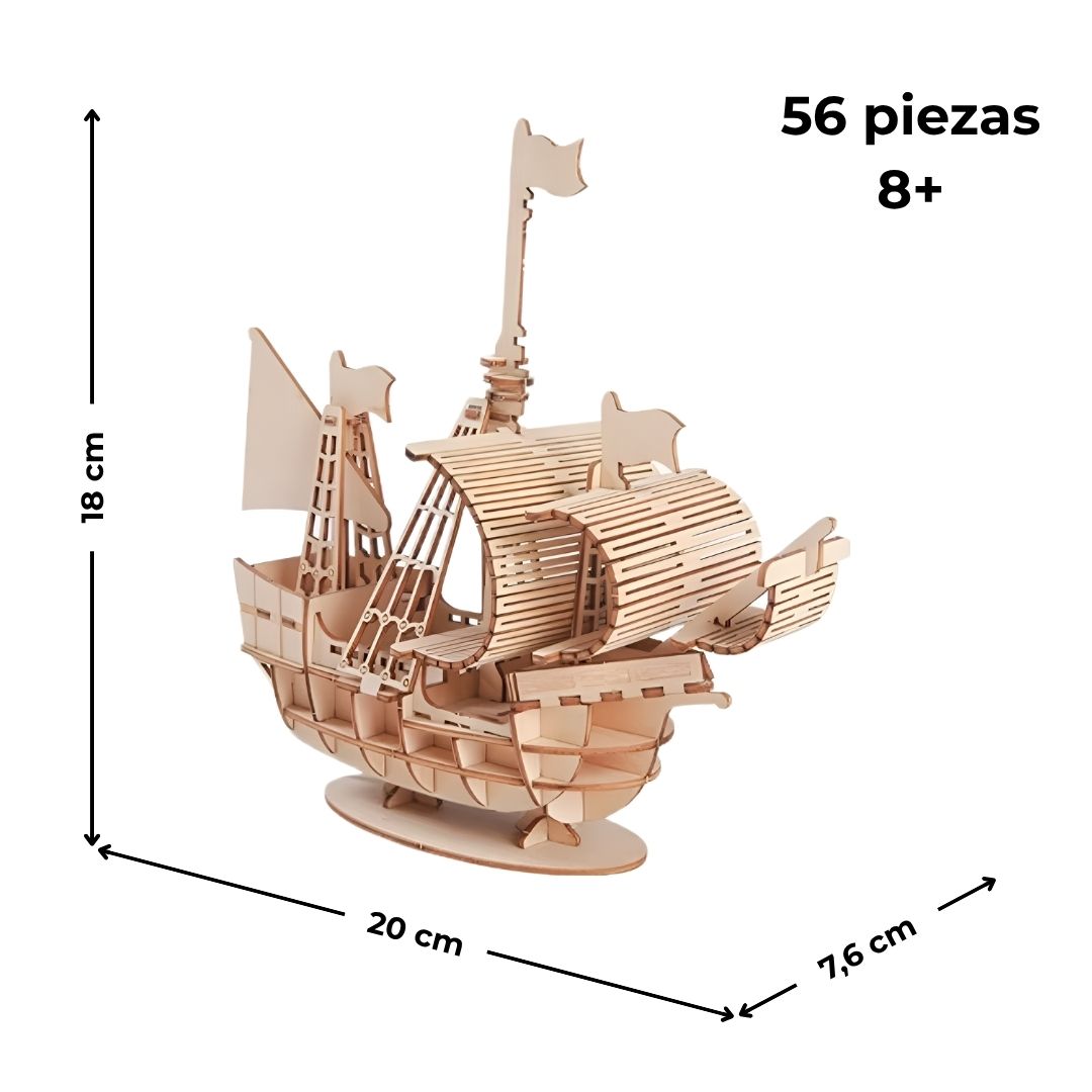 Velero 3D de madera: 20×7,6×18 cm, 56 piezas, edad recomendada 8+, maqueta náutica de montaje sin pegamento.