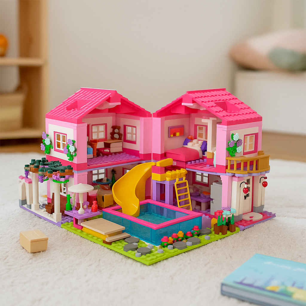 Villa de bloques de construcción montada sobre alfombra en cuarto infantil; proyecto creativo recomendado desde 6 años.