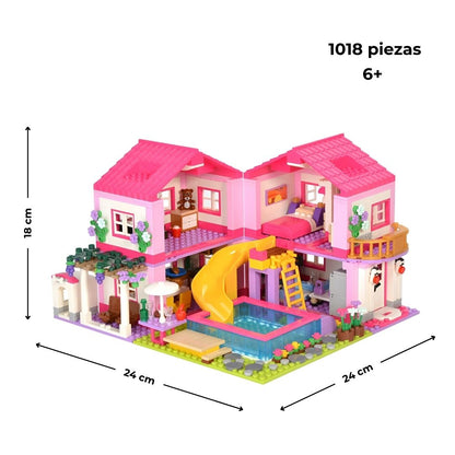 Dimensiones de la villa: 1018 piezas, edad recomendada 6+, muestra medidas y detalle de montaje