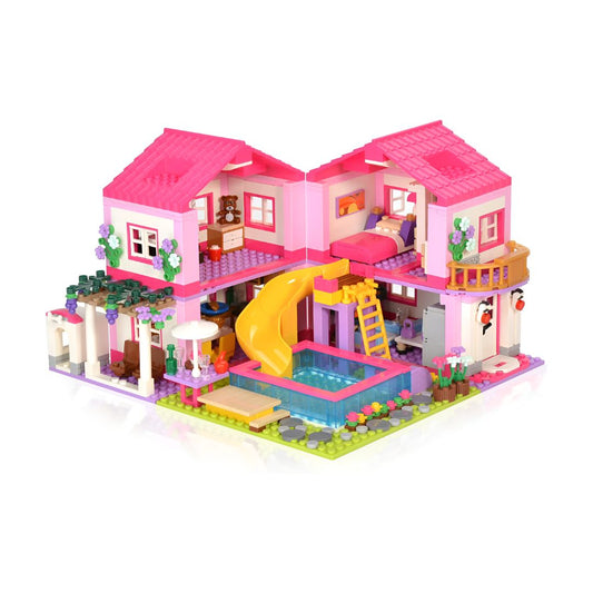 Villa veraniega 3-en-1 sobre fondo blanco, 1018 piezas, casa modular con jardín y piscina, compatible con bloques estándar Lego