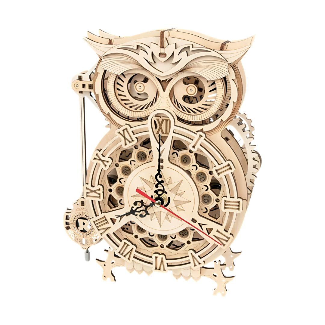 Reloj búho 3D kit madera 161 piezas, modelo funcional con péndulo y campana, edad 14+